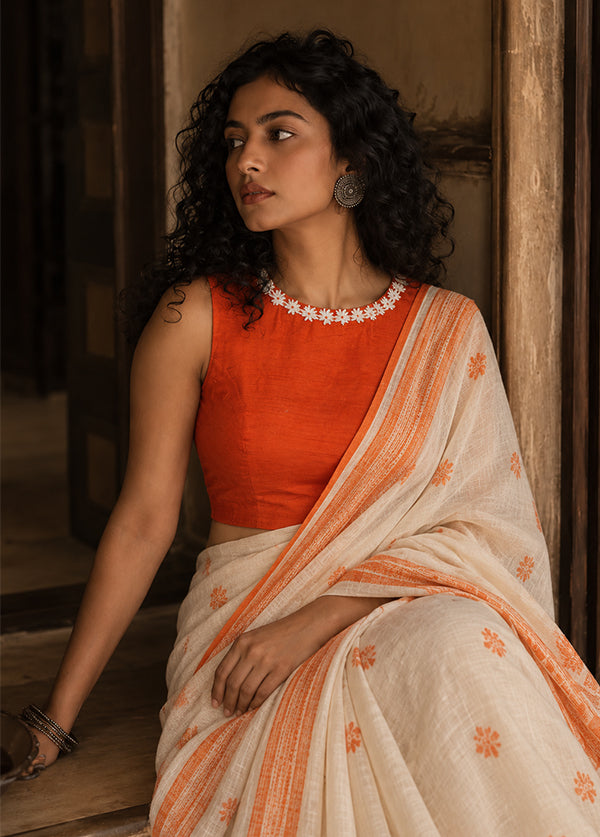 Orange Boat Neck Designer Blouse