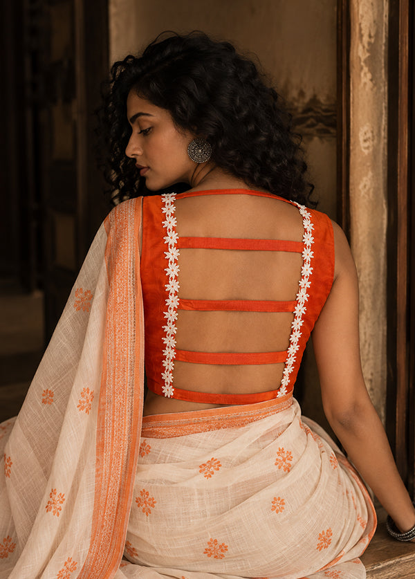 Orange Boat Neck Designer Blouse