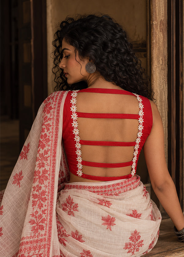 Red Boat Neck Designer Blouse