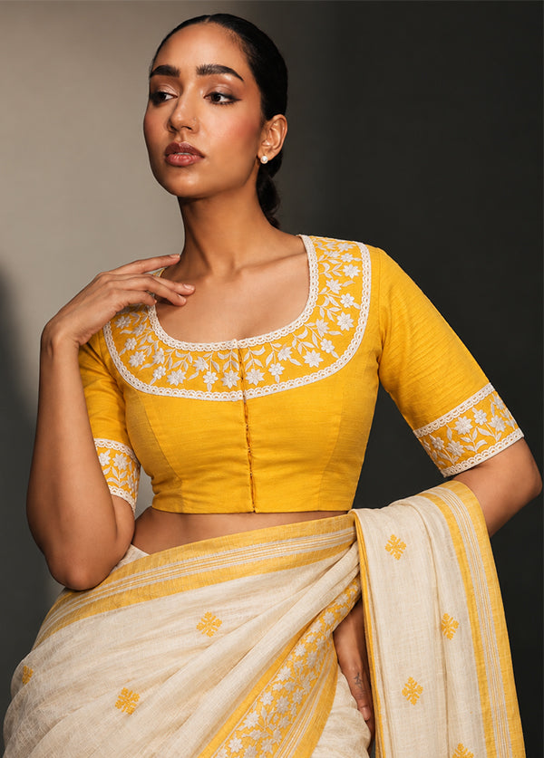 Yellow Round Neck Designer Blouse