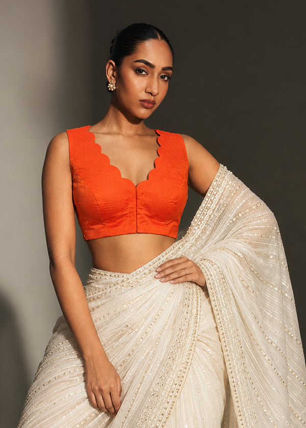 Orange V Neck Designer Blouse