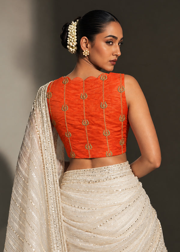 Orange V Neck Designer Blouse