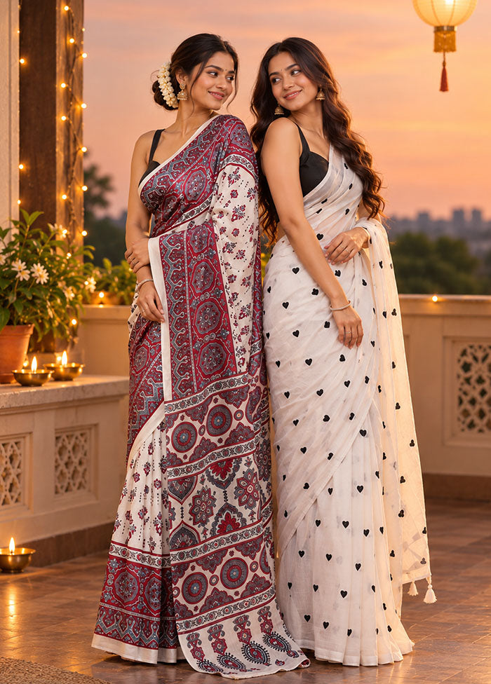 Emerald Marigold Duo – Purple Printed Silk & White Cotton Sarees