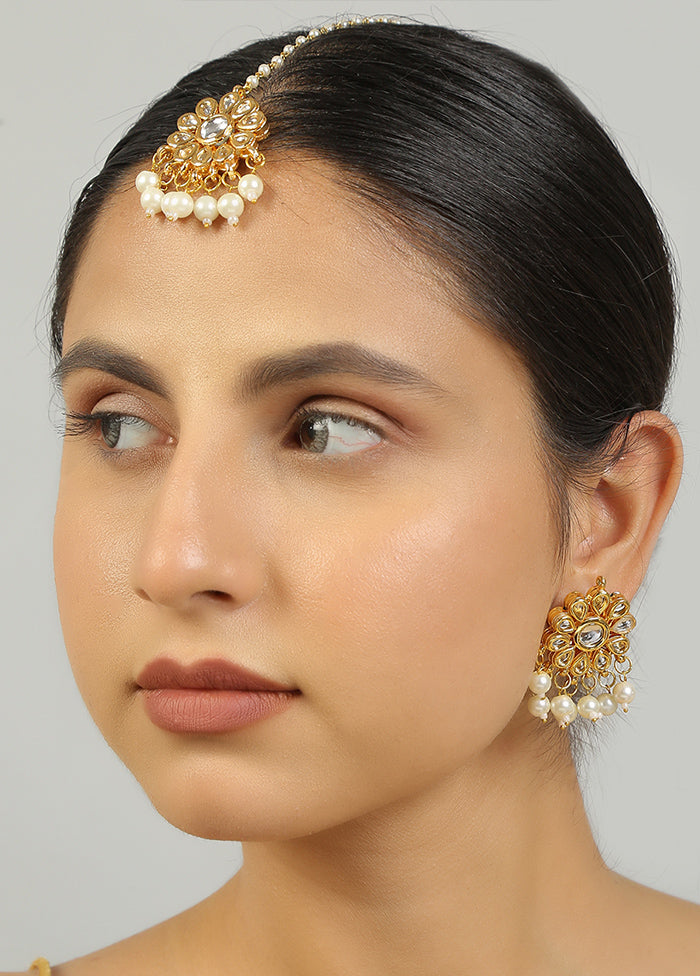 Golden Kundan Work Copper And Alloy Earrings With Mangtika - Indian Silk House Agencies
