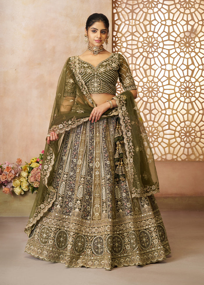 3 Pc Mehendi Net Semi Stitched Lehenga Set
