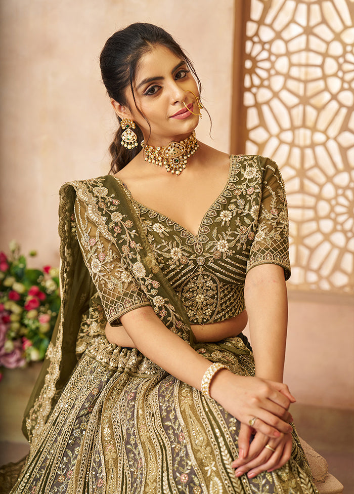 3 Pc Mehendi Net Semi Stitched Lehenga Set