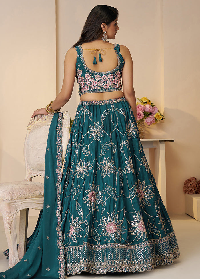 3 Pc Blue Silk Semi Stitched Lehenga Set