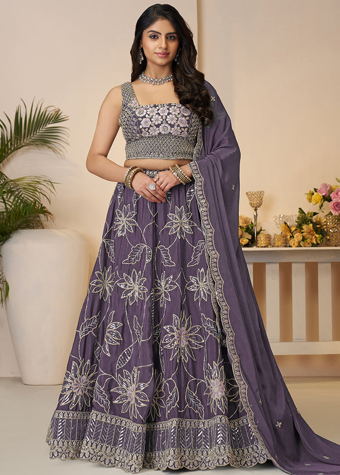 3 Pc Purple Silk Semi Stitched Lehenga Set