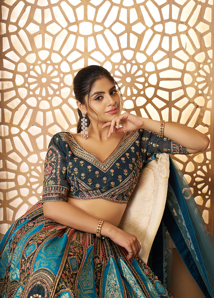 3 Pc Blue Silk Semi Stitched Lehenga Set