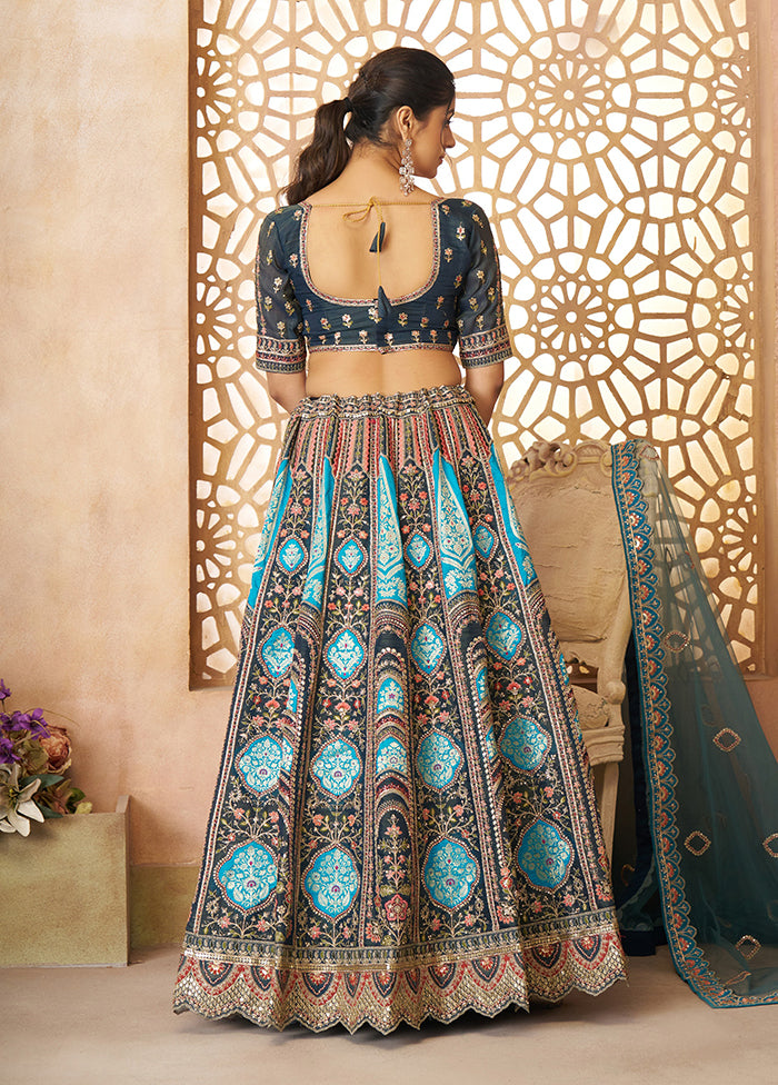 3 Pc Blue Silk Semi Stitched Lehenga Set