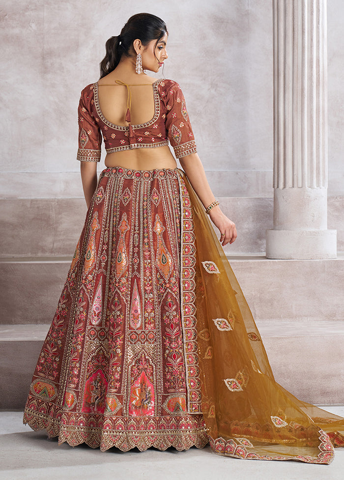 3 Pc Coffee Silk Semi Stitched Lehenga Set