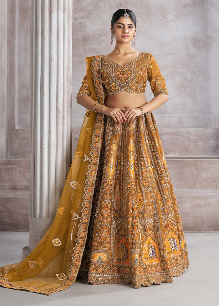 3 Pc Mustard Silk Semi Stitched Lehenga Set