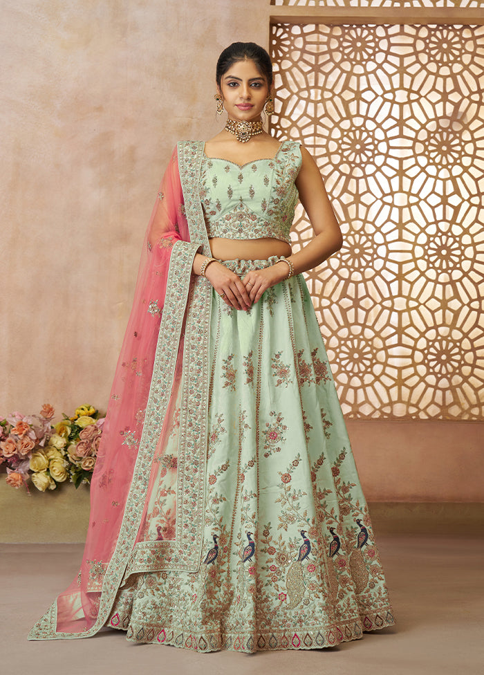 3 Pc Green Silk Semi Stitched Lehenga Set