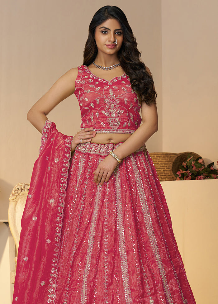 3 Pc Pink Silk Semi Stitched Lehenga Set