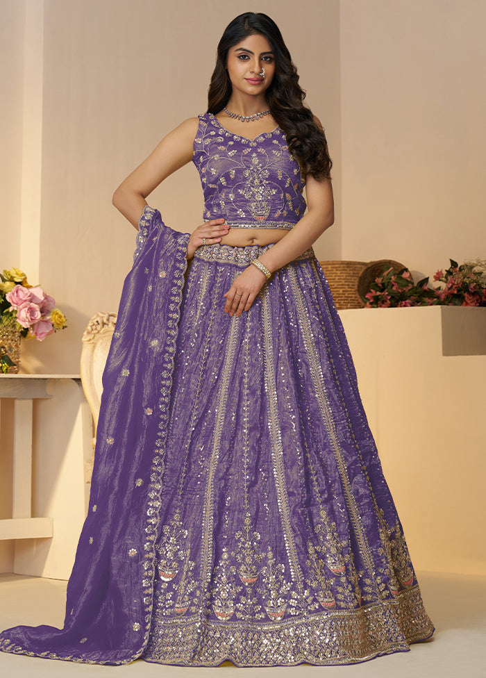 3 Pc Purple Silk Semi Stitched Lehenga Set