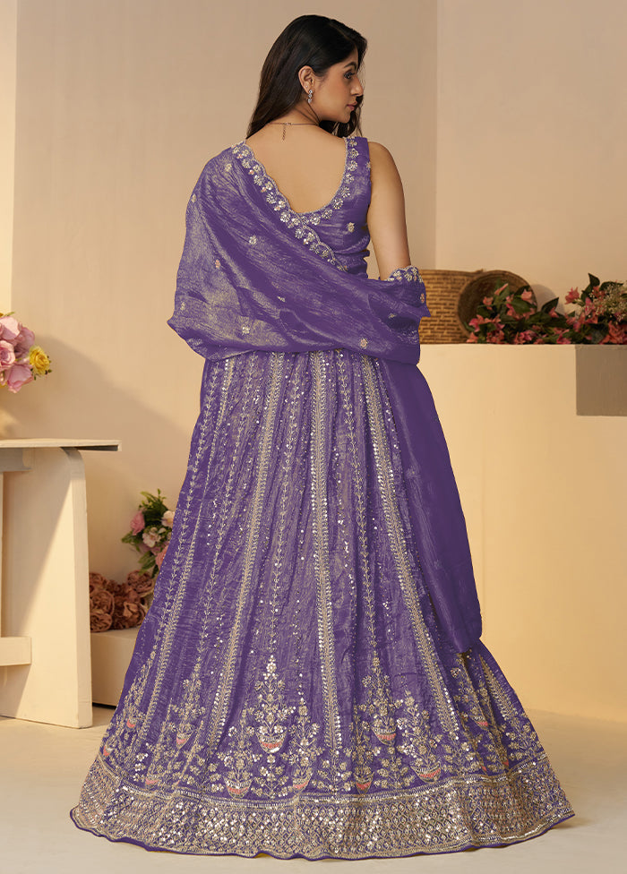 3 Pc Purple Silk Semi Stitched Lehenga Set
