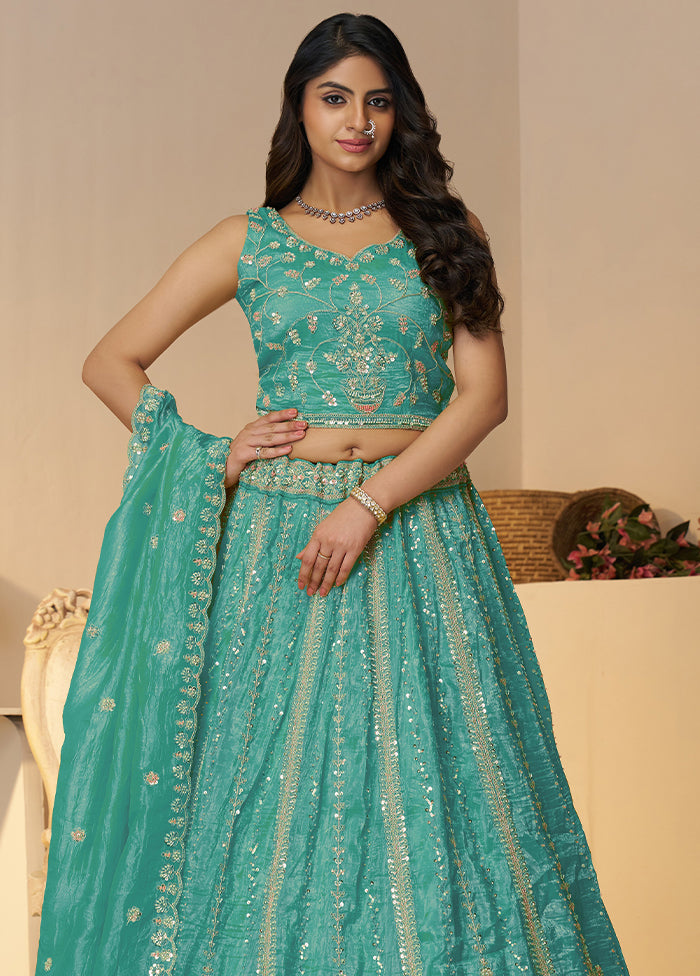 3 Pc Sky Blue Silk Semi Stitched Lehenga Set