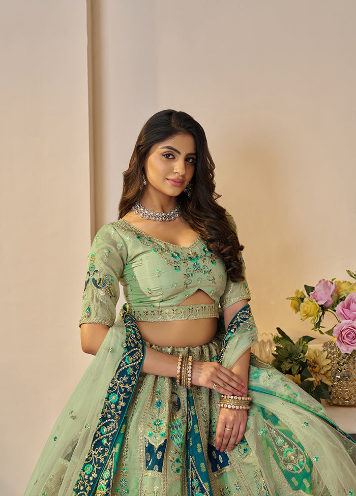 3 Pc Green Silk Semi Stitched Lehenga Set