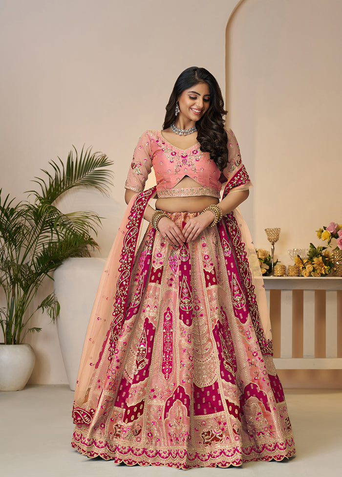 3 Pc Orange Silk Semi Stitched Lehenga Set