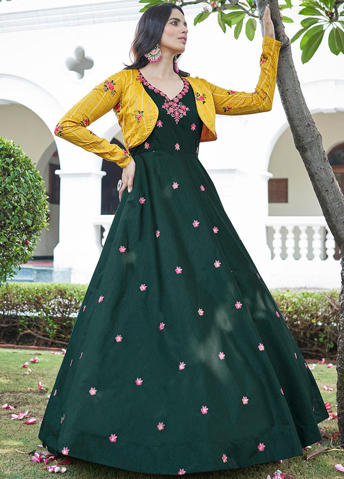 Green Cotton Long Dress With Attached Koti Jacket Green Cotton Long Dress With Attached Koti Jacket