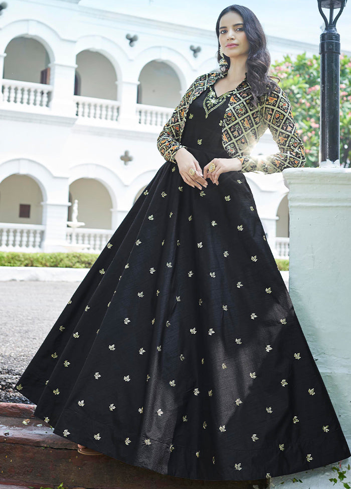 Black Cotton Long Dress With Attached Koti Jacket