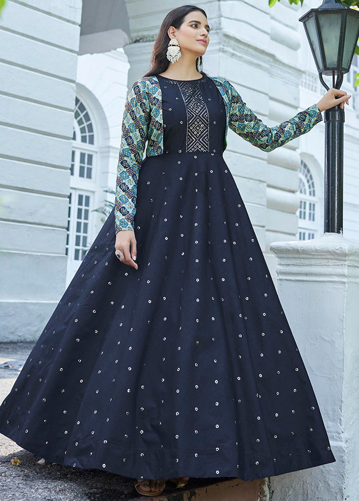 Blue Cotton Long Dress With Attached Koti Jacket Blue Cotton Long Dress With Attached Koti Jacket