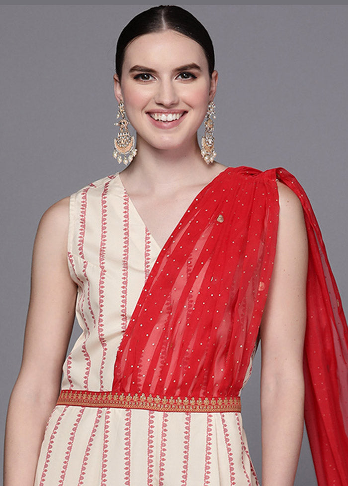 Off White Crepe Silk Printed Jumpsuit VDKSH0805065 - Indian Silk House Agencies