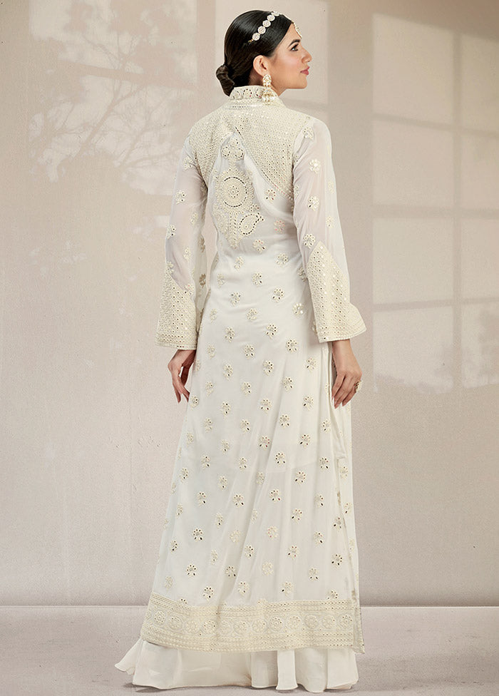 3 Pc White Georgette Mirror Work Suit Set VDKSH0805054 - Indian Silk House Agencies