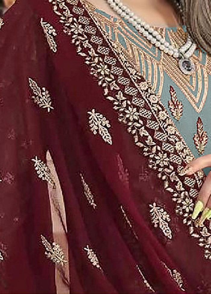 3 Pc Blue Semi Stitched Georgette Suit Set VDKSH02062092 - Indian Silk House Agencies