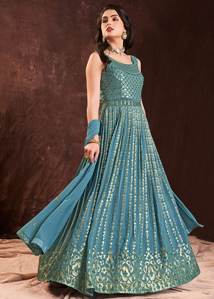 2 Pc Blue Readymade Pure Georgette Gown