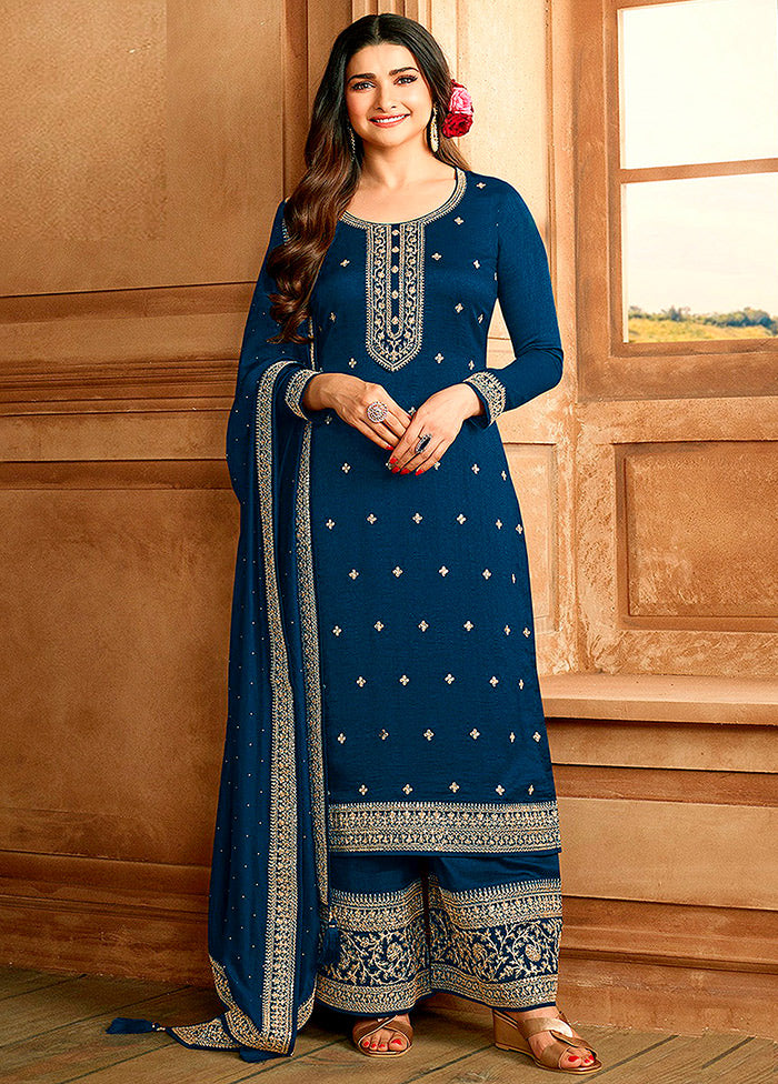 3 Pc Blue Semi Stitched Georgette Suit Set VDKSH11072073 - Indian Silk House Agencies