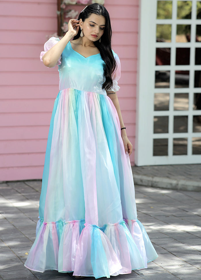 Sky Blue Printed Silk Gown