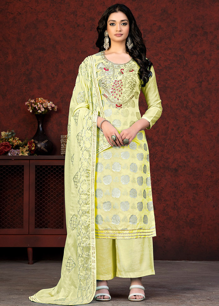 3 Pc Yellow Unstitched Silk Suit Set VDKSH01082080 - Indian Silk House Agencies