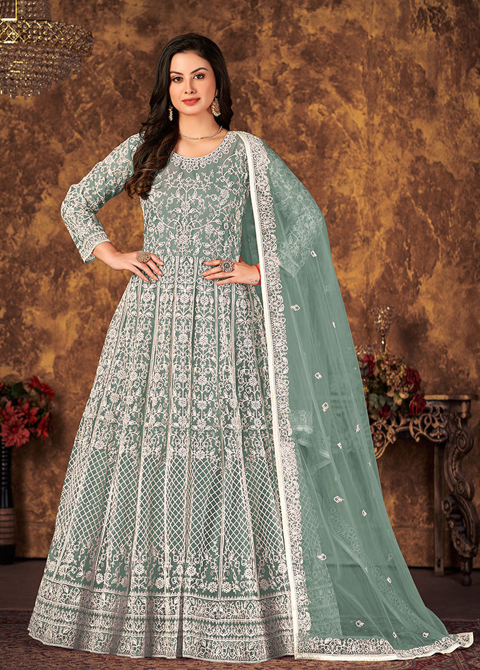 2 Pc Green Readymade Net Gown With Dupatta