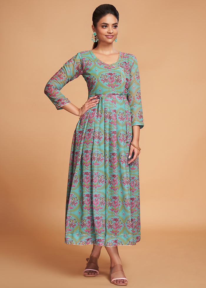 Sea Green Readymade Georgette Indian Dress