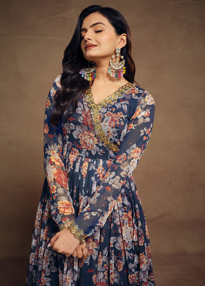 3 Pc Blue Readymade Silk Suit Set - Indian Silk House Agencies