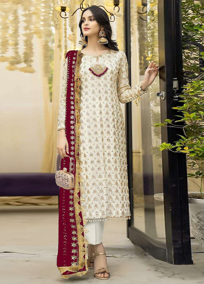 3 Pc Cream Semi Stitched Georgette Suit Set