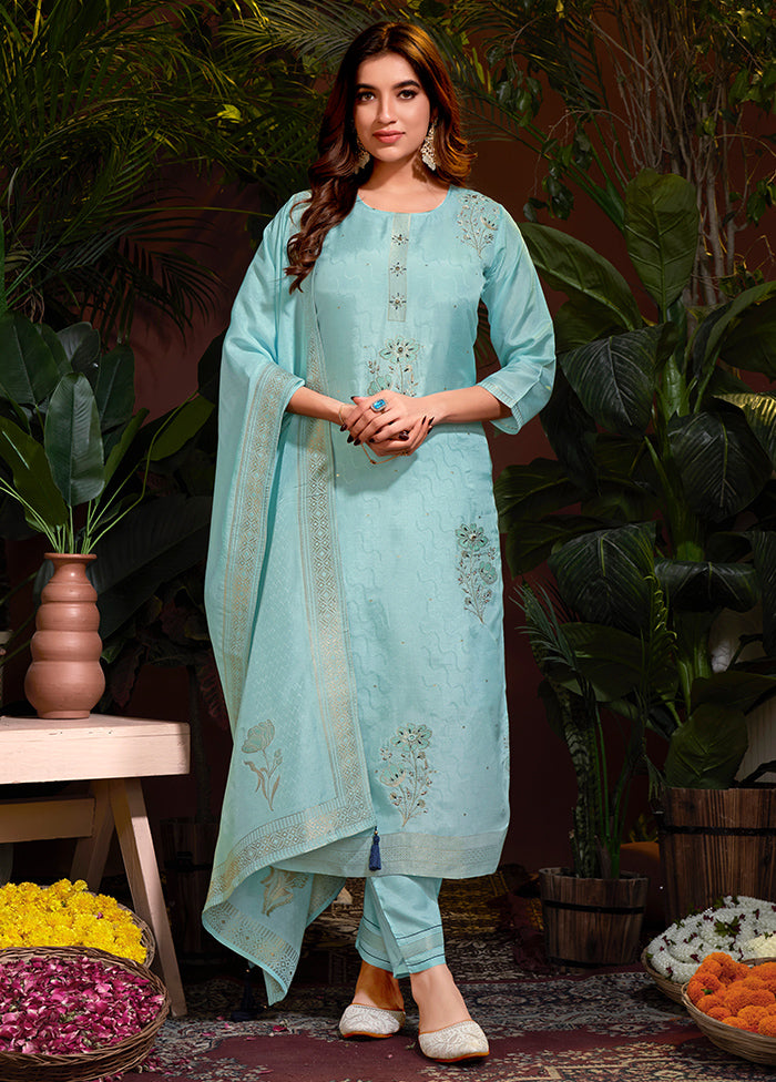 Pc Sky Blue Readymade Viscose Dupatta Suit Set