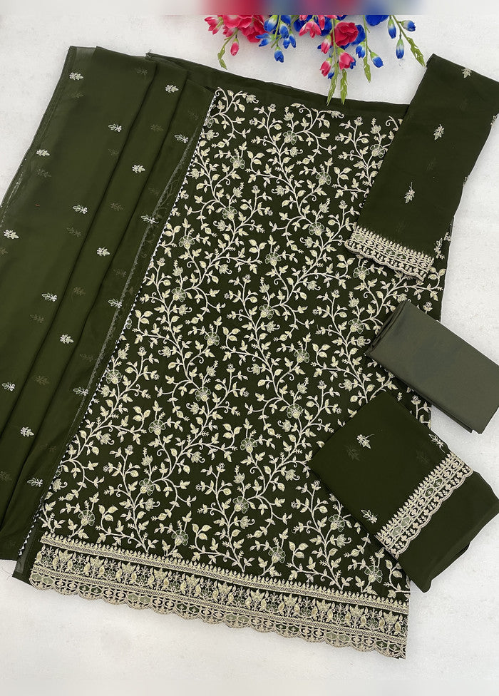 3 Pc Olive Green Georgette Suit Set