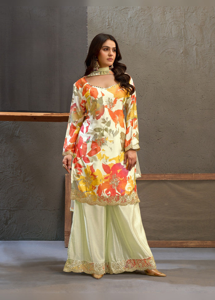 3 Pc Cream Silk Palazzo Suit Set