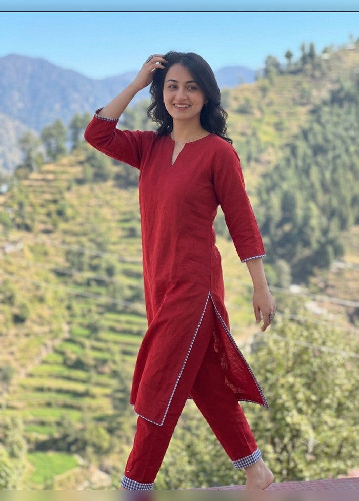 2 Pc Red Cotton Kurti Set