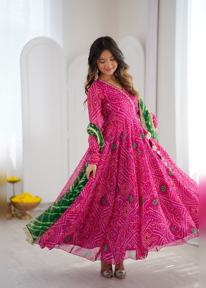 3 Pc Pink Georgette Anarkali Kurti Set
