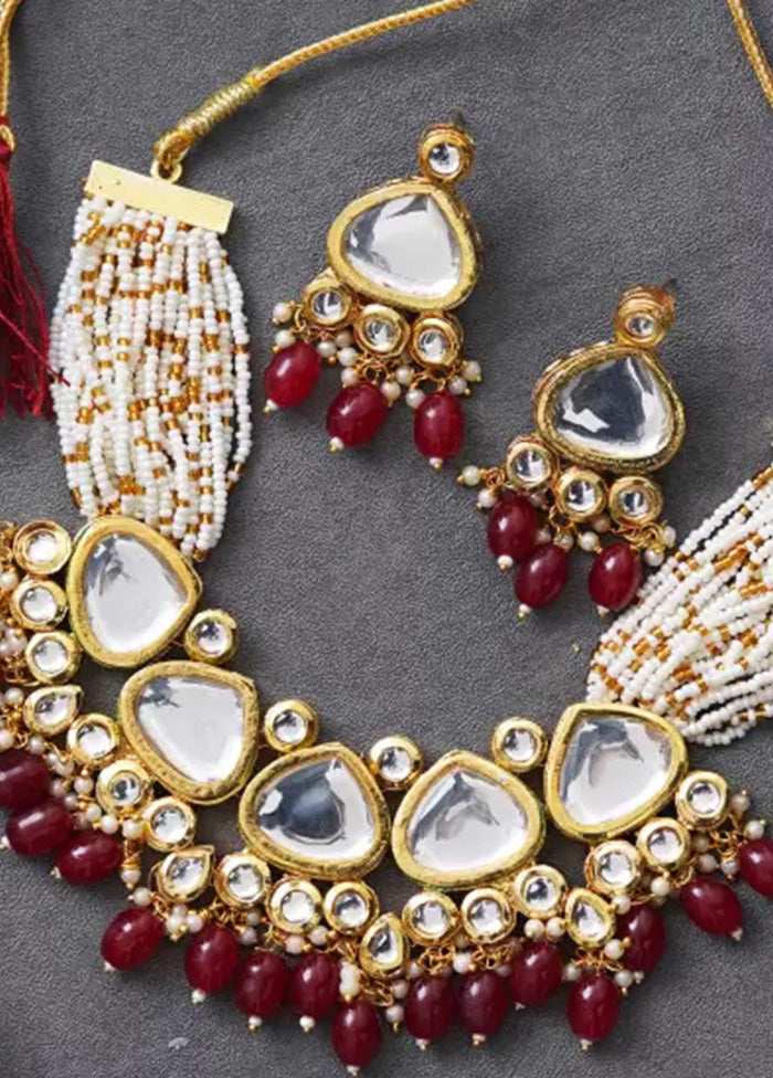 Golden Kundan Work Alloy Necklace With Earrings Set - Indian Silk House Agencies