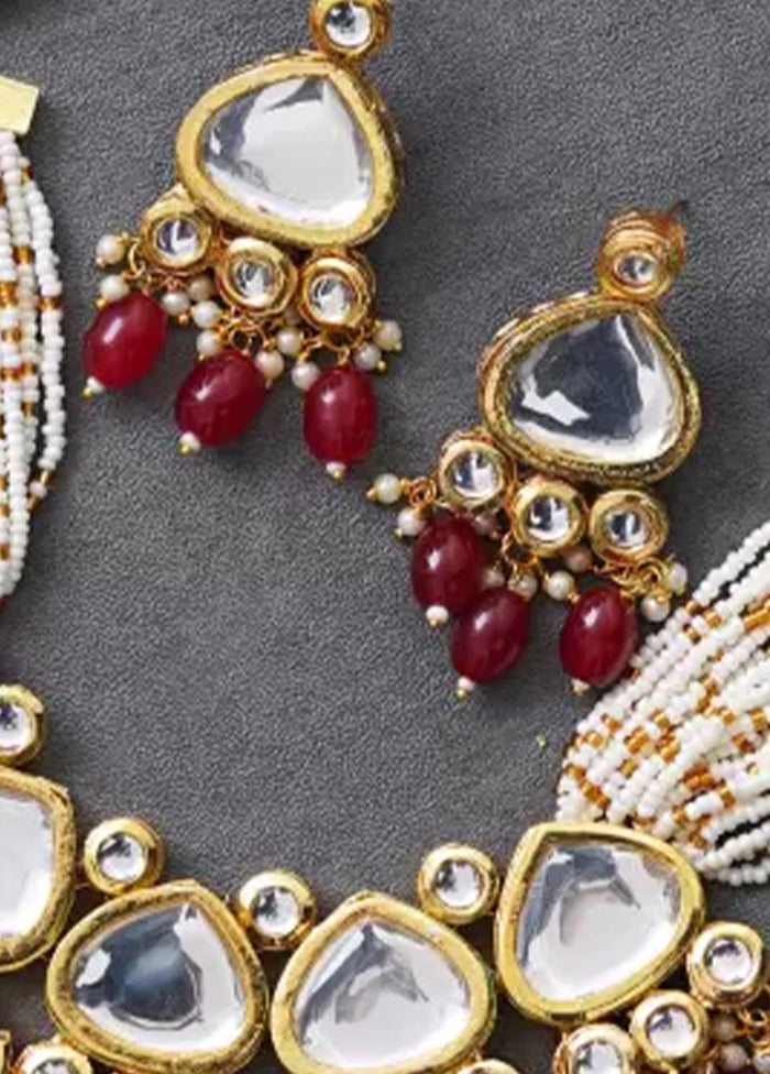 Golden Kundan Work Alloy Necklace With Earrings Set - Indian Silk House Agencies