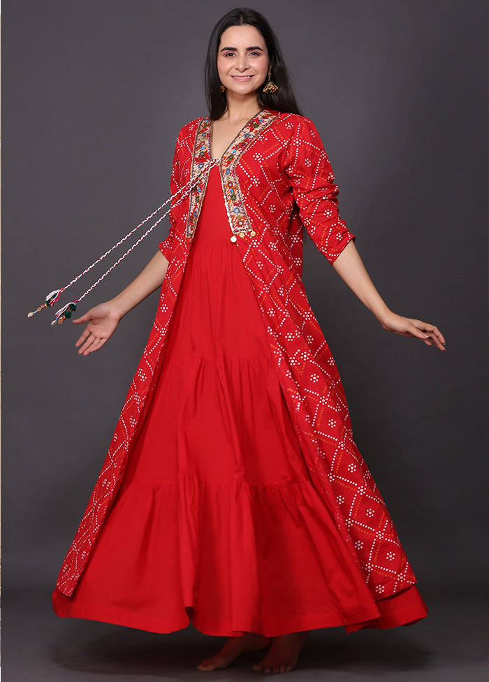 Red Readymade Cotton With Jacket Indian Dress Red Readymade Cotton With Jacket Indian Dress