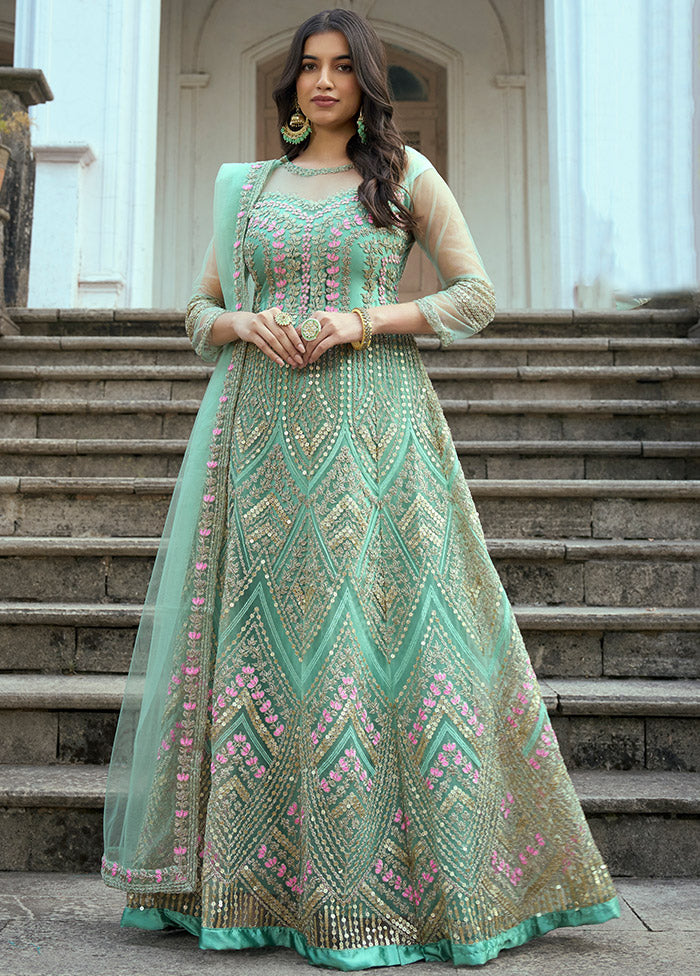 green emerald velvet dress Pretty Sea Green Art Silk Zari Embroidered Festive Anarkali Gown