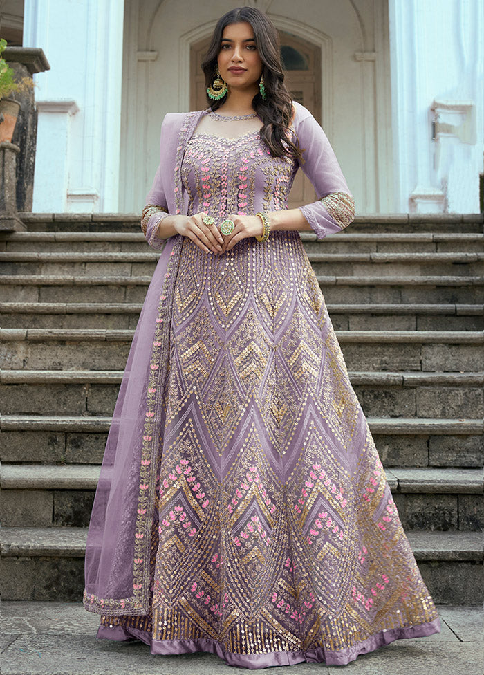 fitted lace wedding dress 3 Pc Lavender Net Suit Set With Dupatta