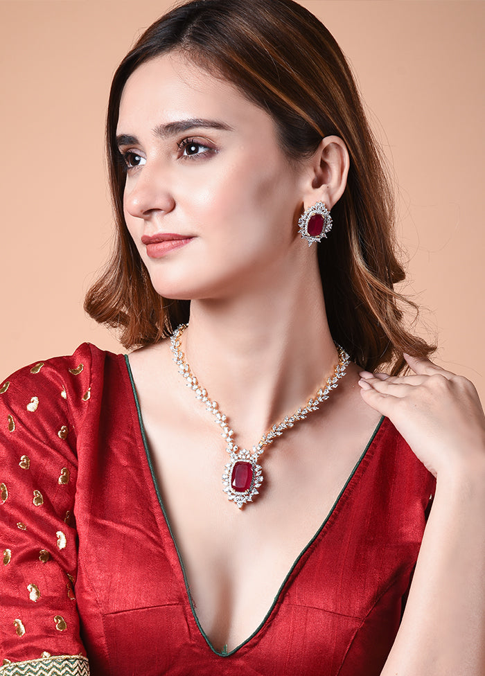 Gold Plated Korean Cz Semi Precious Matt Ruby Stone Earrings With Push And Clip - Indian Silk House Agencies