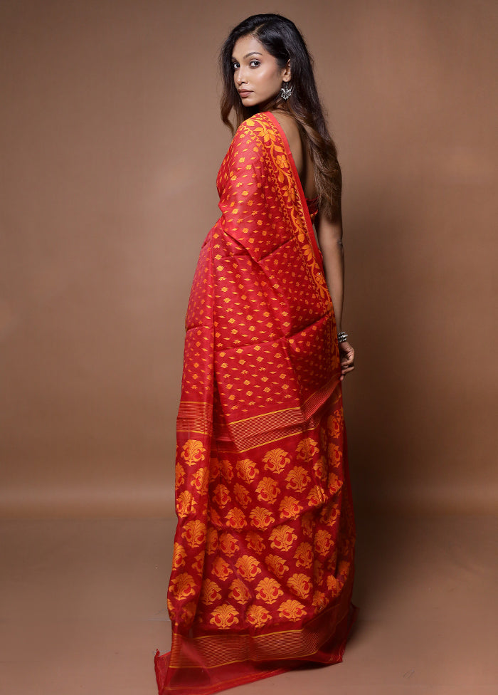 Red Tant Jamdani Saree Without Blouse Piece
