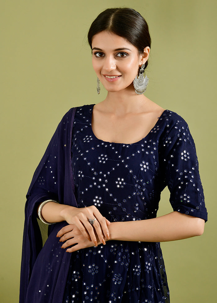 2 Pc Blue Mirror Work Georgette Kurti Set VDRAN1412221 - Indian Silk House Agencies